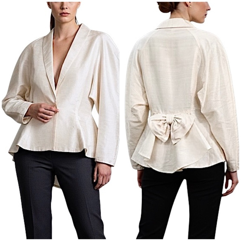 Vtg 80s Raw Silk Made in England Batwing Peplum Hi-Low Ruffle Power Blazer 12